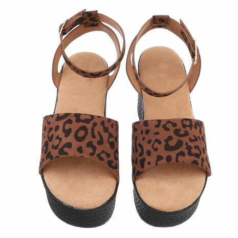 Dames wedge sandalen met sleehakken - bruin panterprint