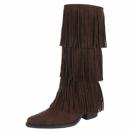 Dames hoge cowboy laarzen / western kuitlaarzen met franjes - donker bruin