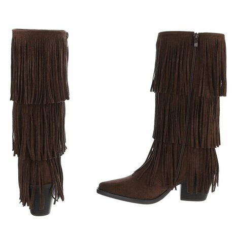 Dames hoge cowboy laarzen / western kuitlaarzen met franjes - donker bruin