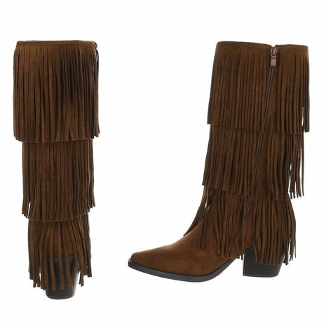 Dames hoge cowboy laarzen / western kuitlaarzen met franjes - bruin