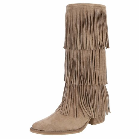 Dames hoge cowboy laarzen / western kuitlaarzen met franjes - khaki lichtbruin