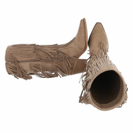 Dames hoge cowboy laarzen / western kuitlaarzen met franjes - khaki lichtbruin