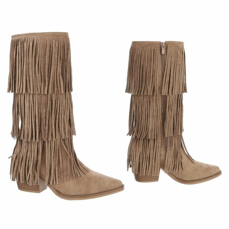 Dames hoge cowboy laarzen / western kuitlaarzen met franjes - khaki lichtbruin