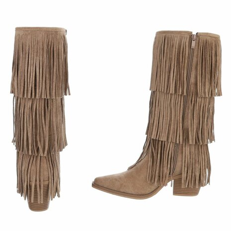 Dames hoge cowboy laarzen / western kuitlaarzen met franjes - khaki lichtbruin