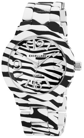 Excellanc dameshorloge met stalen band - zebraprint