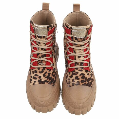Dames veterboots / laarzen met veters - panterprint bruin rood