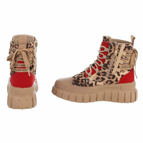 Dames veterboots / laarzen met veters - panterprint bruin rood