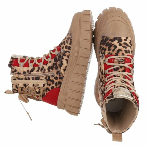 Dames veterboots / laarzen met veters - panterprint bruin rood