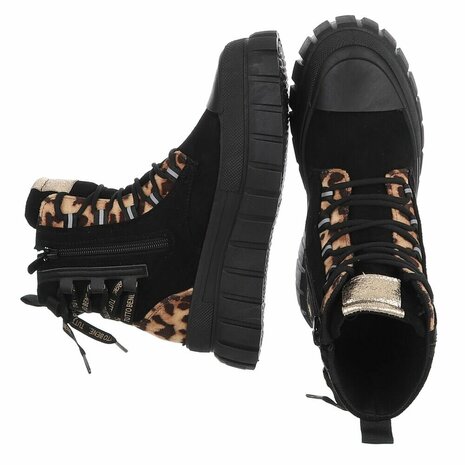 Dames veterboots / laarzen met veters - zwart panterprint
