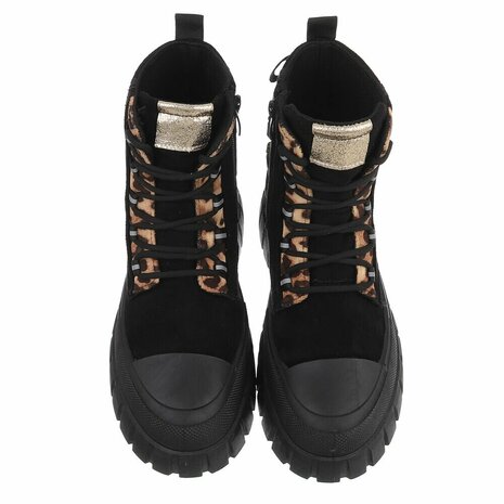 Dames veterboots / laarzen met veters - zwart panterprint