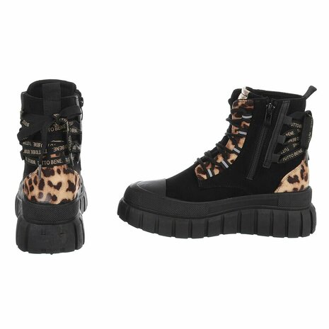 Dames veterboots / laarzen met veters - zwart panterprint