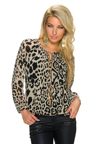 Dames shirt met lange mouw - beige / panterprint