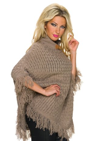 Dames poncho / omslagdoek met franjes - bruin