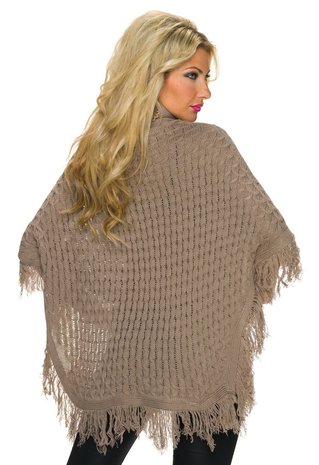 Dames poncho / omslagdoek met franjes - bruin