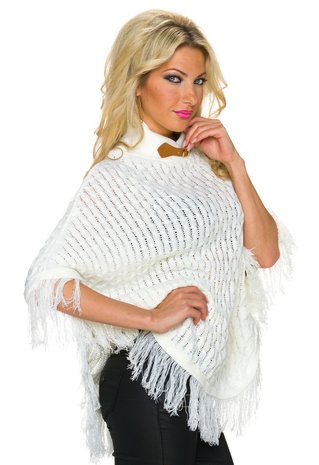 verzending Op de grond Centimeter Dames poncho / omslagdoek met franjes - creme - Lunamex Jewelry & Fashion