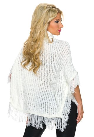 Dames poncho / omslagdoek met franjes - creme