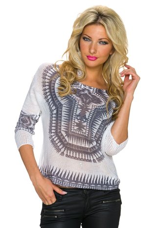 Dames trui met Aztec-print - wit / grijs