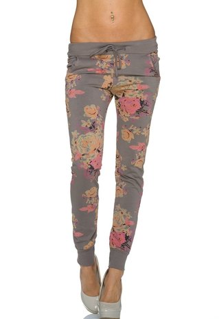 Dames broek / joggingbroek met bloemen - kaki