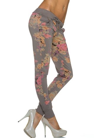 Dames broek / joggingbroek met bloemen - kaki