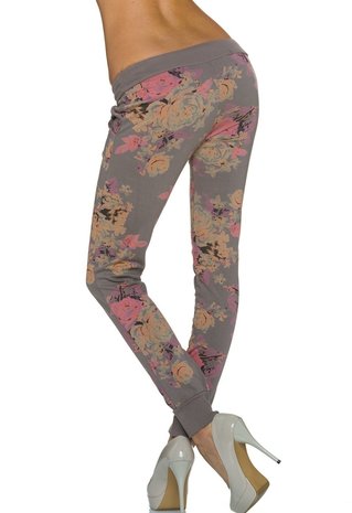 Dames broek / joggingbroek met bloemen - kaki