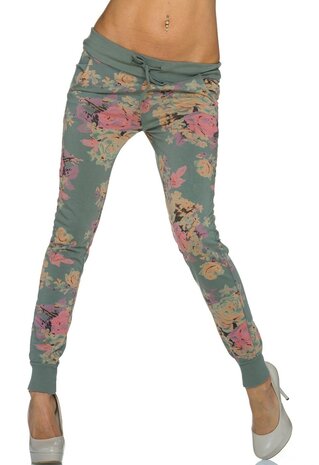 Dames broek / joggingbroek met bloemen - olijf