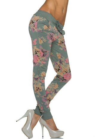 Dames broek / joggingbroek met bloemen - olijf