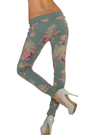 Dames broek / joggingbroek met bloemen - olijf
