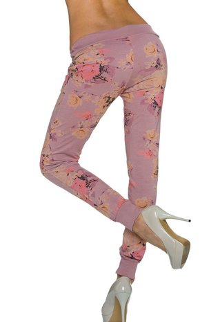 Dames broek / joggingbroek met bloemen - oudroze