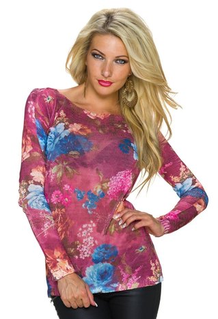 Dames trui met bloemen - magenta