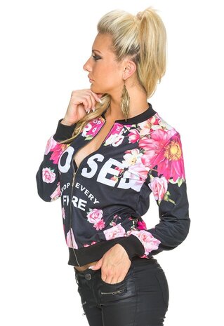 Dames sweatjasje met bloemenprint - zwart / roze