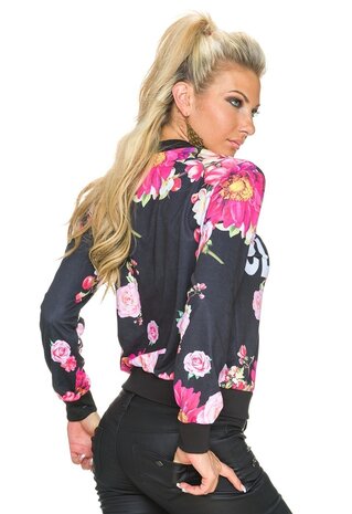 Dames sweatjasje met bloemenprint - zwart / roze