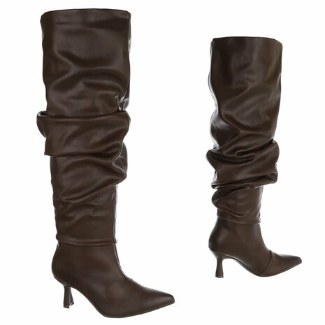 Dames slouchy overknee laarzen met kitten heels - donkerbruin
