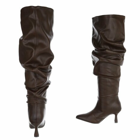 Dames slouchy overknee laarzen met kitten heels - donkerbruin
