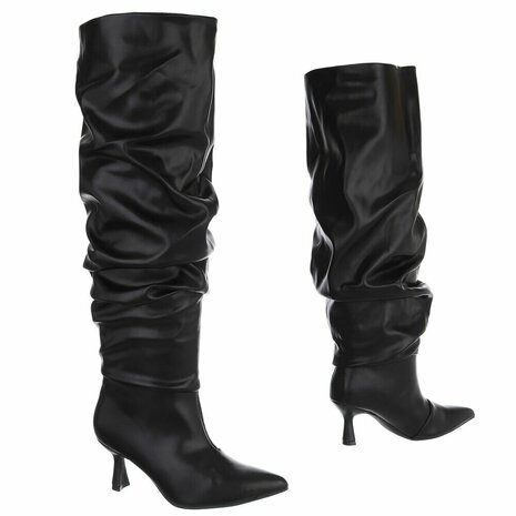 Dames slouchy overknee laarzen met kitten heels - zwart