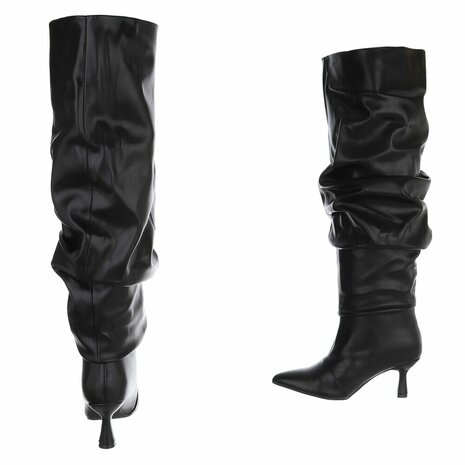 Dames slouchy overknee laarzen met kitten heels - zwart
