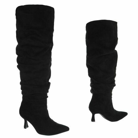 Dames slouchy overknee laarzen met kitten heels - zwart