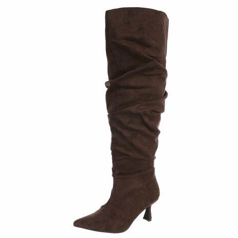 Dames slouchy overknee laarzen met kitten heels - donkerbruin