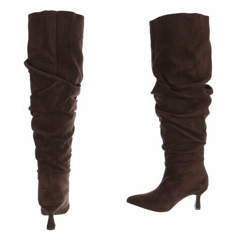 Dames slouchy overknee laarzen met kitten heels - donkerbruin