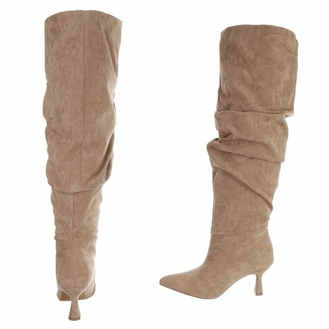Dames slouchy overknee laarzen met kitten heels - khaki bruin