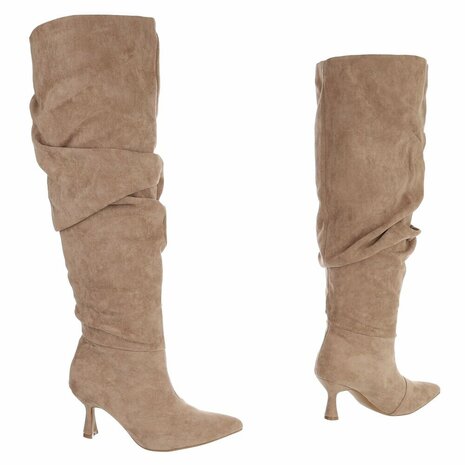 Dames slouchy overknee laarzen met kitten heels - khaki bruin
