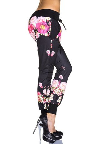 Dames chino broek / joggingbroek met bloemen - zwart