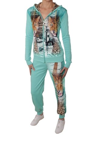 Dames huispak / joggingpak met panter - turquoise