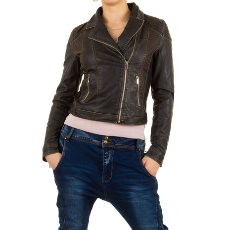 Dames biker jas / leatherlook jack - grijsbruin