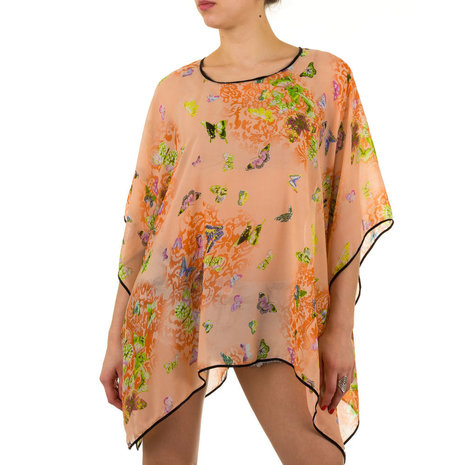 Dames zomer poncho / tuniek met vlinders - oranje / zalm