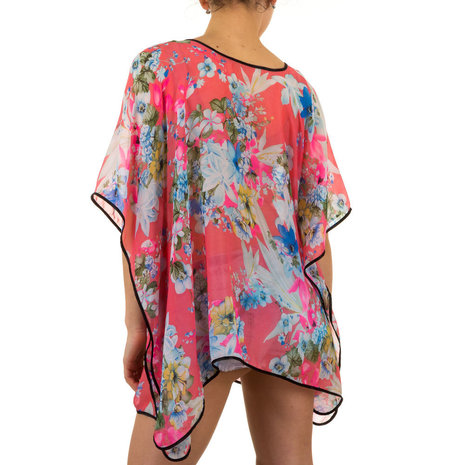 Dames zomer poncho / tuniek met bloemen - koraal / roze