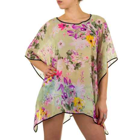 Dames zomer poncho / tuniek met bloemen - groen / paars