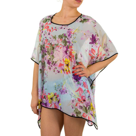 Dames zomer poncho / tuniek met bloemen - blauw