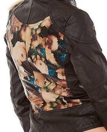 Dames biker jas / leatherlook jack met bloemen - zwart / multi