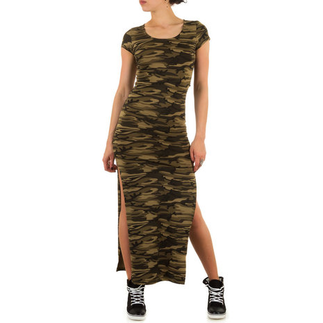 Dames maxi dress lange jurk met legerprint - groen - Jewelry & Fashion