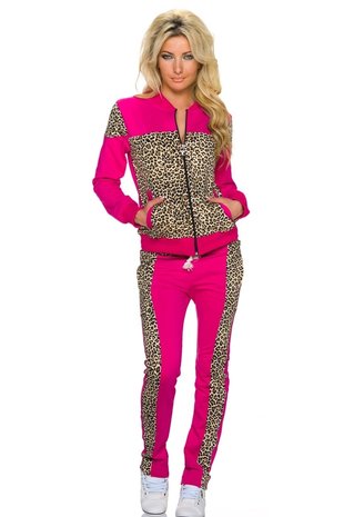 Dames huispak / joggingpak met panterprint - roze